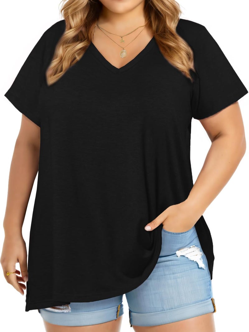 JOELLYUS Women Plus Size V Neck T Shirts Short Sleeve Summer Tops Loose Fit Tee Shirt Casual Blouse(Black,3XL) - Image 1