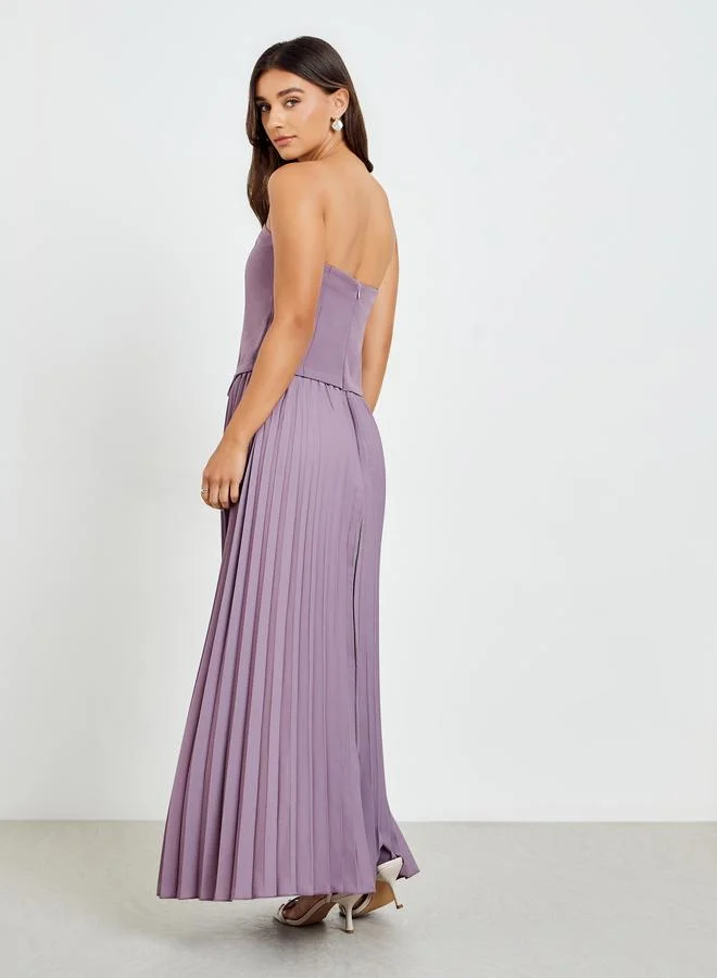Styli  Women Purple Bandeau Pleated Maxi Dress for Women | Best Price UAE