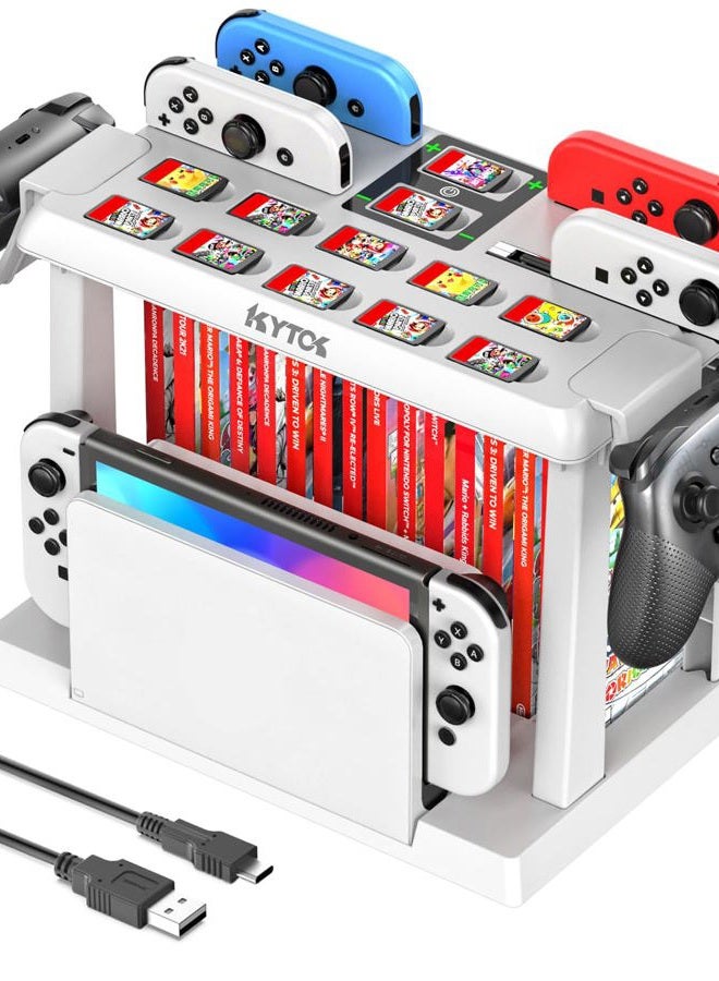 Kytok Switch Games Storage with Switch Controller Charging Station, Switch Charging Station for Switch/OLED Joycons, Switch Storage for Switch Games, TV Dock, Pro Controller, Switch Accessories. White - Image 1