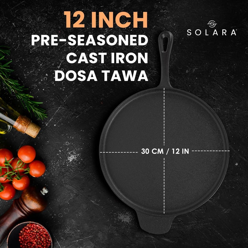 SOLARA Crownstone Premium Cast Iron Tawa for Dosa 12 Inch30 CM with Handle Tawa for Dosa Uthappam Roti Chapati Naan Gas Induction Friendly Dosa Tawa Cast Iron Cast Iron Cookware - Image 3