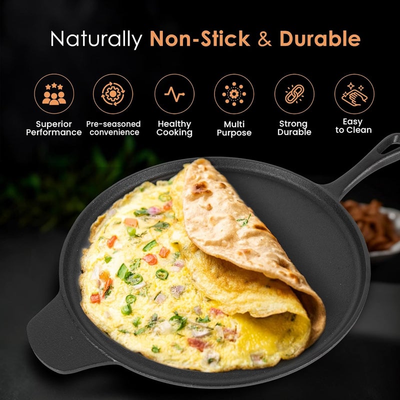 SOLARA Crownstone Premium Cast Iron Tawa for Dosa 12 Inch30 CM with Handle Tawa for Dosa Uthappam Roti Chapati Naan Gas Induction Friendly Dosa Tawa Cast Iron Cast Iron Cookware - Image 2