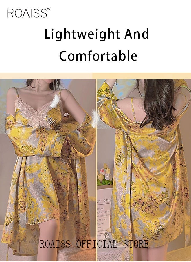 roaiss - 2 Piece Nightgown Set Women Sweet Halter Nightdress Lace Homewear Sleepwear Home Dress Set Romantic Elegant Pajamas Ladies Spring Autumn Robe Loungewear - Image 1