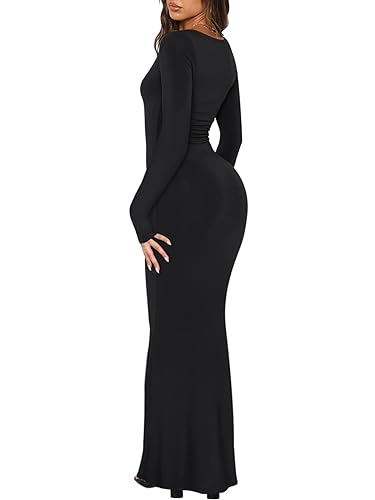 REORIA Womens Sexy Casual Scoop Square Neck Long Sleeve Soft Lounge Long Dress Fall Wedding Guest Elegant Ribbed Bodycon Maxi Dresses Black Large - Image 3