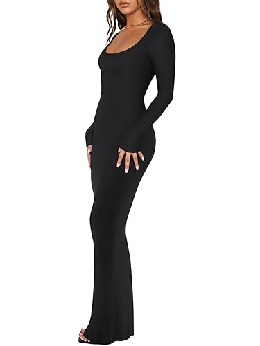 REORIA Womens Sexy Casual Scoop Square Neck Long Sleeve Soft Lounge Long Dress Fall Wedding Guest Elegant Ribbed Bodycon Maxi Dresses Black Large - Image 2