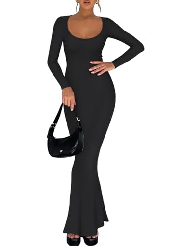 REORIA Womens Sexy Casual Scoop Square Neck Long Sleeve Soft Lounge Long Dress Fall Wedding Guest Elegant Ribbed Bodycon Maxi Dresses Black Large - Image 5