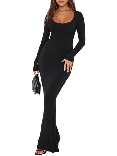 REORIA Womens Sexy Casual Scoop Square Neck Long Sleeve Soft Lounge Long Dress Fall Wedding Guest Elegant Ribbed Bodycon Maxi Dresses Black Large - Image 1
