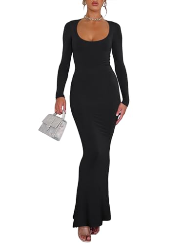 REORIA Womens Sexy Casual Scoop Square Neck Long Sleeve Soft Lounge Long Dress Fall Wedding Guest Elegant Ribbed Bodycon Maxi Dresses Black Large - Image 4