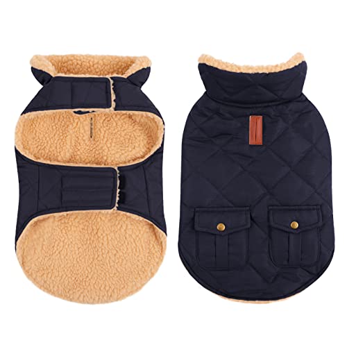 Queenmore Warm Puffer Dog Coat, Quilting Winter Jacket Ultra Thick Plush Lining with Storage Pockets (Dark Navy, Small) - Image 1