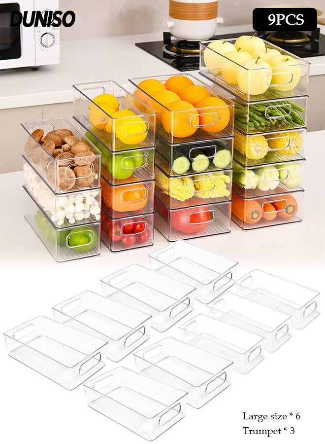 DUNISO 9Pcs Refrigerator Storage Boxes Stackable Clear Fridge Organizer Bins with Handles PET Food Storage Clear Container Multifunctional Kitchen Drawer Organiser Set Clear Practical Drawer Organization Container for Fridge, Kitchens, Cabinets - Image 1