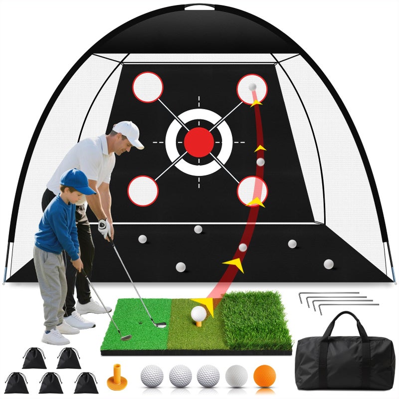 EXOEMTS Golf Net 10x7FT with Tri-Turf Mat, Ball, Target & Bag, All-in-One Golf Practice Hitting Net for Backyard Driving, Chipping & Swing, Indoor Outdoor Training Aid, Gift for Men Dad Him Golfer - Image 1