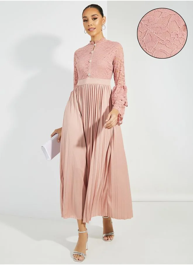 ستايلي Styli Pleated Lace Detail High Neck Maxi Dress