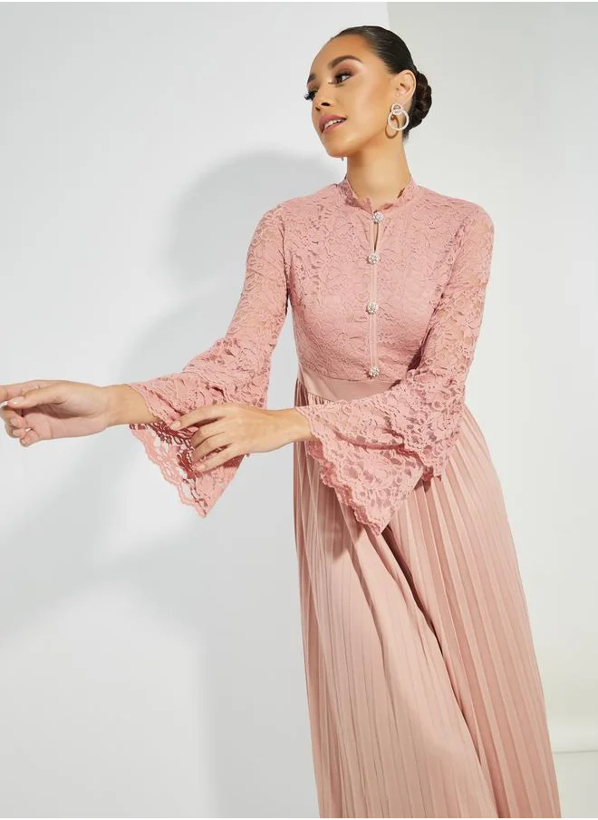 ستايلي Styli Pleated Lace Detail High Neck Maxi Dress