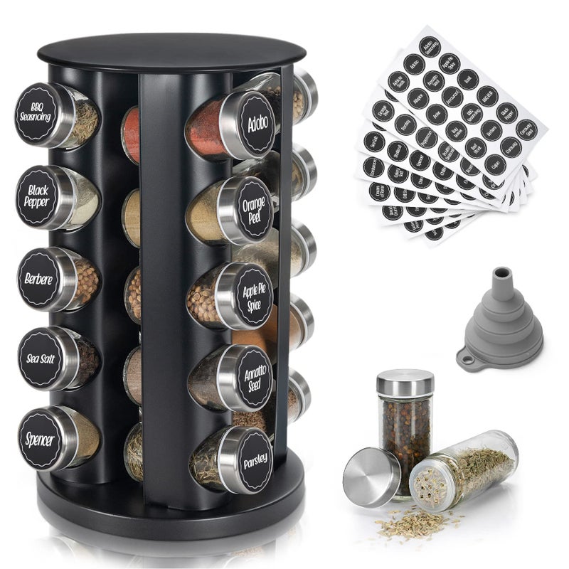 Tianifa Black Countertop Revolving Spice Rack Empty 20-Jars Rotating Spice Rack Organizer Round Carousel Tower 135 Spice Labels With Funnel Complete Set For Kitchen Countertop Cabinet - Image 1