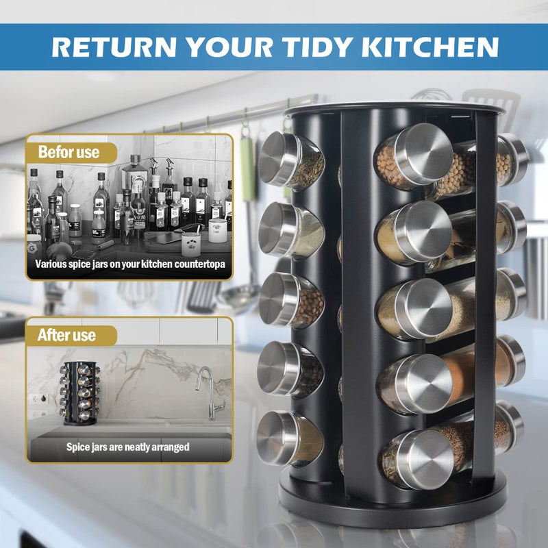 Tianifa Black Countertop Revolving Spice Rack Empty 20-Jars Rotating Spice Rack Organizer Round Carousel Tower 135 Spice Labels With Funnel Complete Set For Kitchen Countertop Cabinet - Image 3