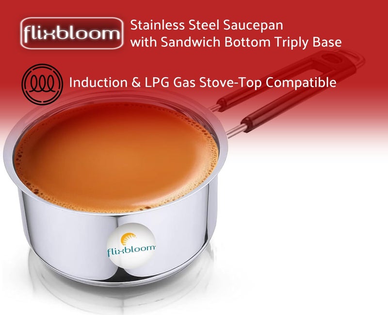 FLIXBLOOM Flixbloom Glossy Stainless Steel Premium Sauce pan Saucepan Tea pan Tpan Milk Pan Milk Pot Chaidan Kitchen Cookware Set for Induction LPG Gas Stovetops 800ml - Image 3