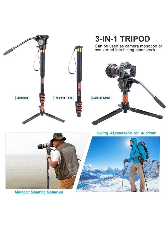 Cayer FP34 Monopod with Feet, 71 inch Aluminum Telescopic Camera Monopod with Fluid Head and 3-Leg Tripod Base for DSLR Video Cameras Camcorders, Supporting up to 13.2lbs - Image 3