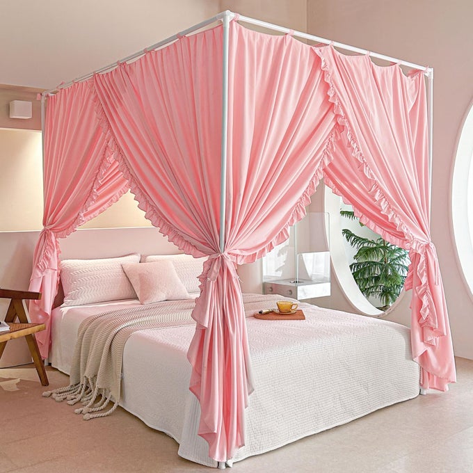 PRINCESS CANOPY BED CURTAINS WITH TOP TIES WINDPROOF LIGHTPROOF FOR GIRLS ADULT BEDROOM DECOR BED CANOPY DRAPES TWINPINK
