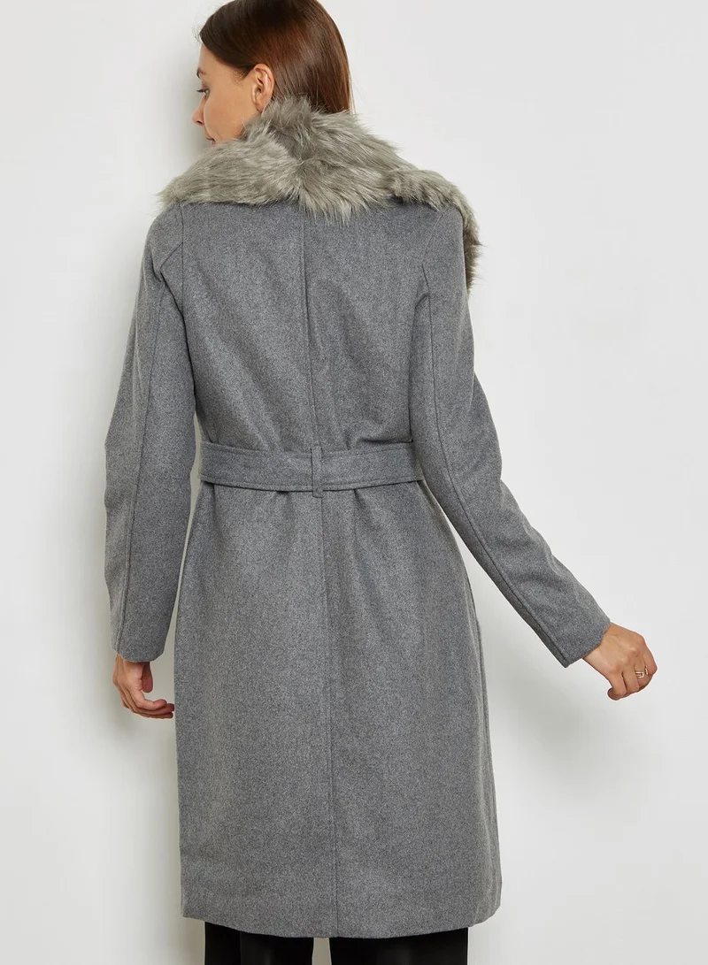 ELLA Detachable Faux Fur Collar Self Tie Jacket