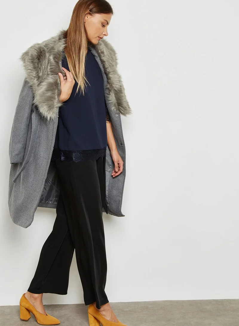 ELLA Detachable Faux Fur Collar Self Tie Jacket