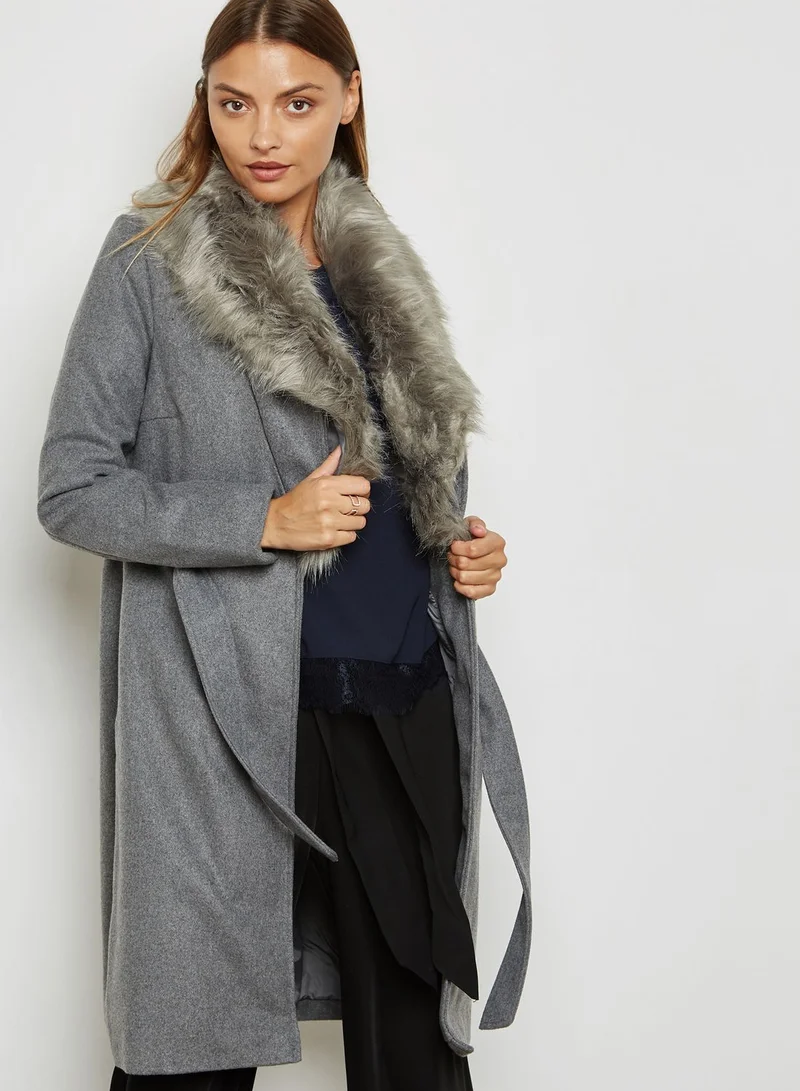ELLA Detachable Faux Fur Collar Self Tie Jacket