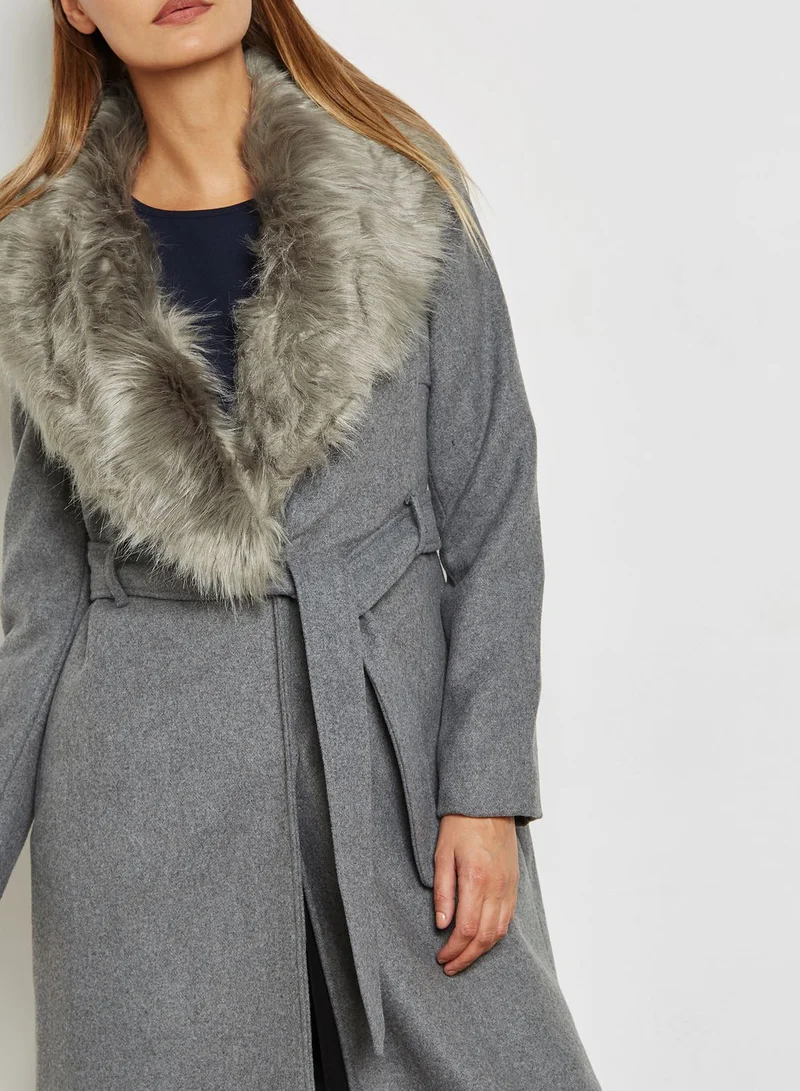 ELLA Detachable Faux Fur Collar Self Tie Jacket