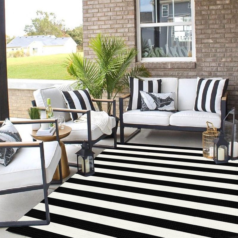 LEEVAN Outdoor Rug 5x7 Black and White Patio Rug Washable Striped Door Mat Farmhouse Black Front Door Mat Cotton Reversible Balcony Decor Foldable Rug for Layered Door MatPorchFront Door