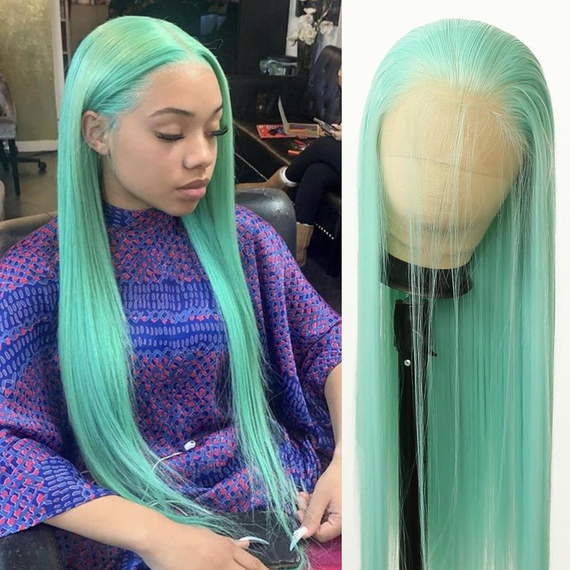 BTWTRY Mint Green Synthetic Lace Front Wig Long Straight Mint Lace Front Synthetic Wig Pre Plucked Natural Hairline Glueless Heat Resistant Fiber Hair Wig for Fashion Women Mint Green