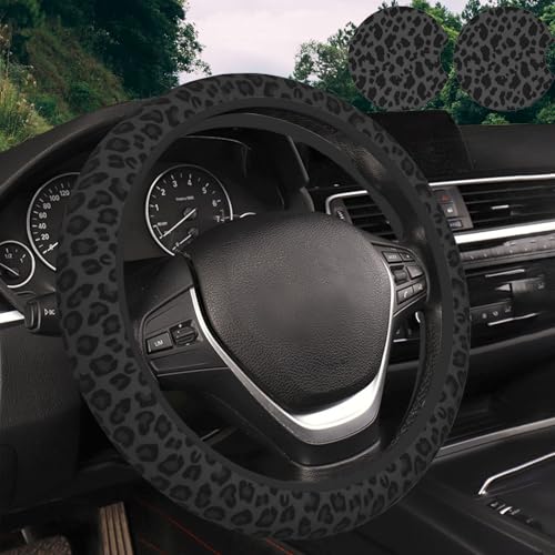 KARREAL Black Leopard Print Steering Wheel Cover & 2 Pcs Ceramic Absorbent Cupholder Coasters, Car Accessories Decorations for Women, Fit 14.5-15 Inch Auto, Suvs, Truck - Image 1