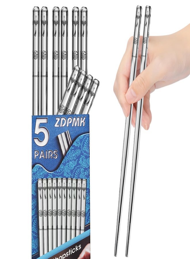ZDPMK Stainless Steel Chopsticks - 5 Pairs Reusable Metal Chopsticks Dishwasher Safe, Japanese Chinese korean Chop sticks Set,Non-Slip Stainless Chop sticks, Silver Metal Chop sticks for Adults - Image 1