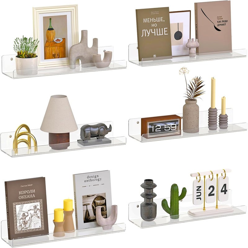 Dooiclear 6 Pack Floating Shelves for Wall, 15" Clear Book Shelf, Acrylic Floating Wall Shelf, Display Shelves Organizer for Bathroom, Classroom, Bedroom, Living Room, Kitchen, Room Decor - Image 1
