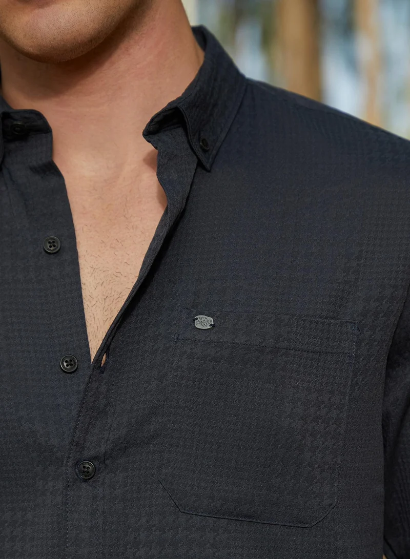 Campus Sutra Men's Prussian Blue Houndstooth-Tactile Shirt