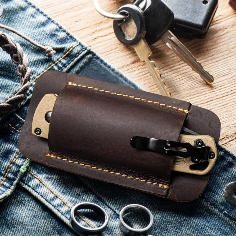 Brown Leather Multitool Pouch Holder for Folding Knife with Belt Loop - Image 4
