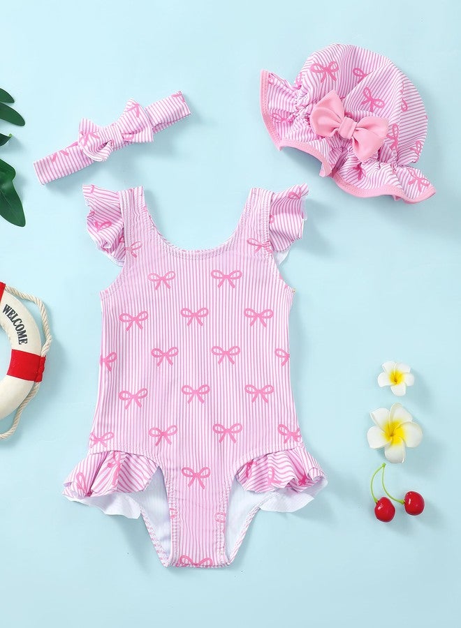Renotemy 6-12 Months Baby Girl Swimsuit Set with Sunhat Pink Stripe Ruffle One-Piece Bathing Suit Sleeveless Bikini Tankini Rash Guard Infant Swimwear for Beach Essentials Pool Vacation Summer Gift - Image 4