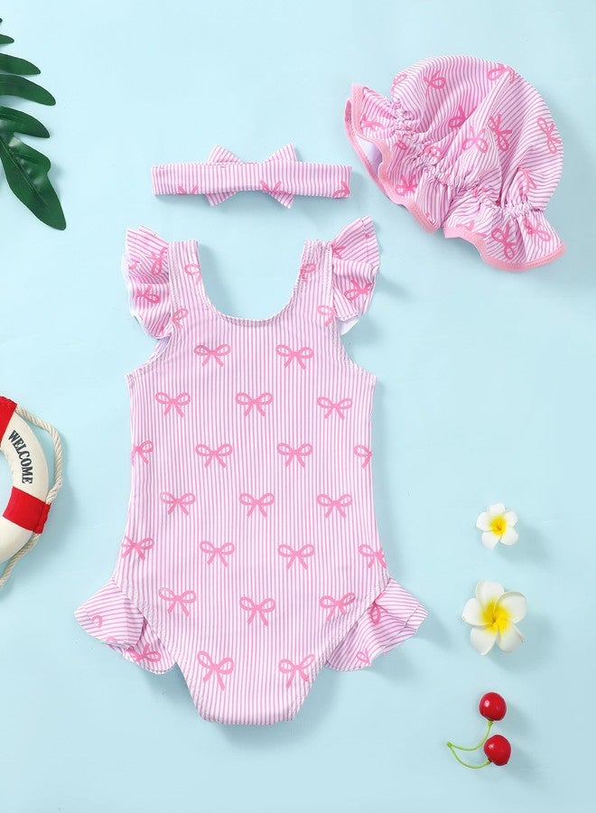 Renotemy 6-12 Months Baby Girl Swimsuit Set with Sunhat Pink Stripe Ruffle One-Piece Bathing Suit Sleeveless Bikini Tankini Rash Guard Infant Swimwear for Beach Essentials Pool Vacation Summer Gift - Image 5
