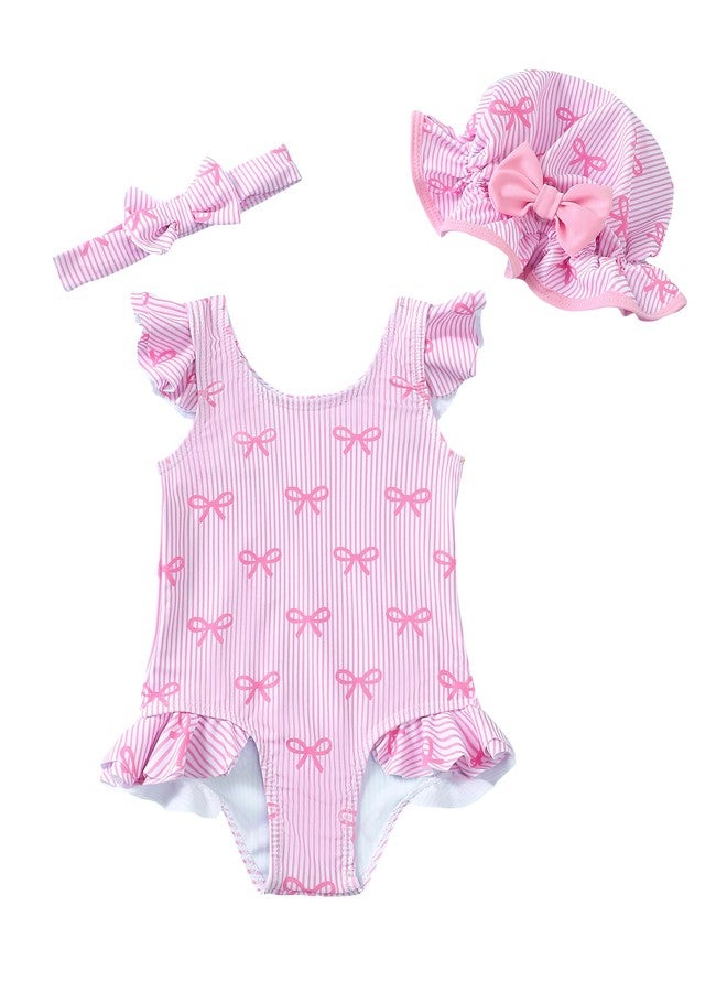 Renotemy 6-12 Months Baby Girl Swimsuit Set with Sunhat Pink Stripe Ruffle One-Piece Bathing Suit Sleeveless Bikini Tankini Rash Guard Infant Swimwear for Beach Essentials Pool Vacation Summer Gift - Image 1