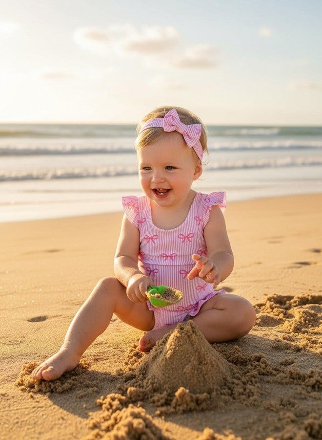 Renotemy 6-12 Months Baby Girl Swimsuit Set with Sunhat Pink Stripe Ruffle One-Piece Bathing Suit Sleeveless Bikini Tankini Rash Guard Infant Swimwear for Beach Essentials Pool Vacation Summer Gift - Image 2