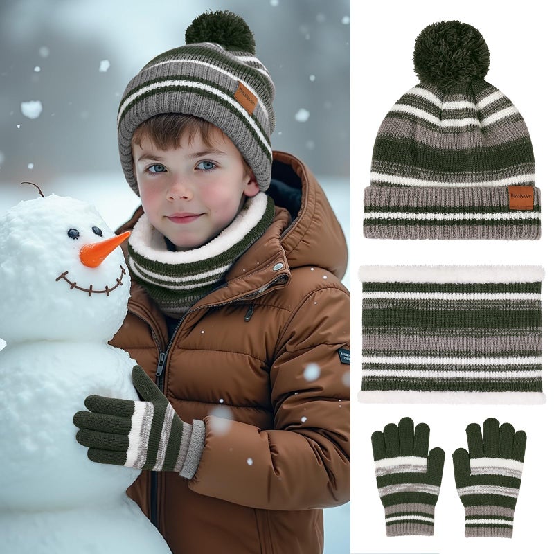 Bessteven Kids Winter Hat Gloves Scarf Set: Beanie Gloves Neck Warmer Knit Set with Thick Warm Fleece Lined For Ages 6-10 Girls Boys Children Green - Image 2