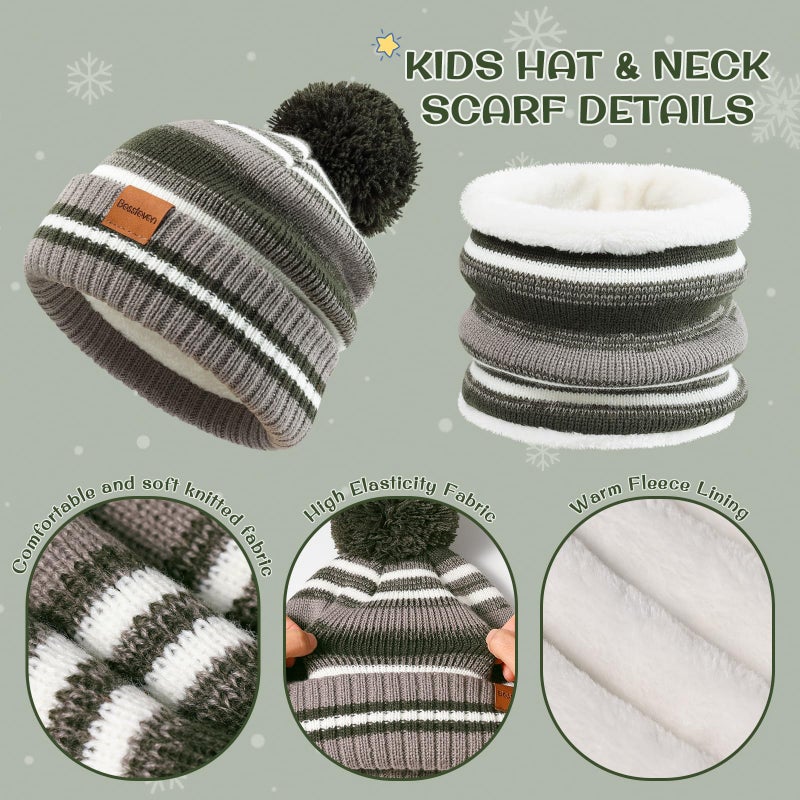 Bessteven Kids Winter Hat Gloves Scarf Set: Beanie Gloves Neck Warmer Knit Set with Thick Warm Fleece Lined For Ages 6-10 Girls Boys Children Green - Image 3