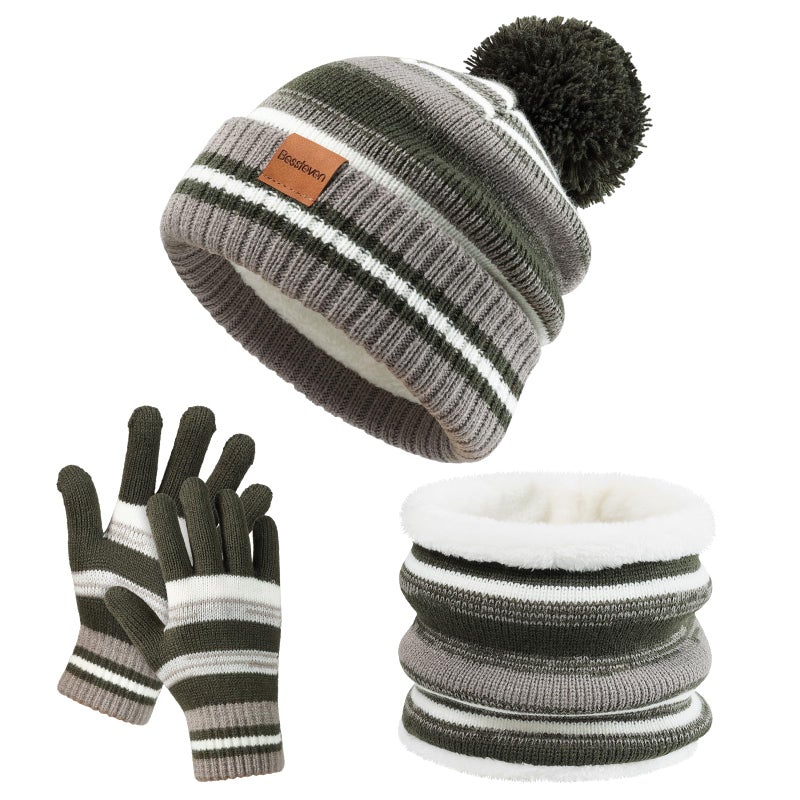 Bessteven Kids Winter Hat Gloves Scarf Set: Beanie Gloves Neck Warmer Knit Set with Thick Warm Fleece Lined For Ages 6-10 Girls Boys Children Green - Image 1