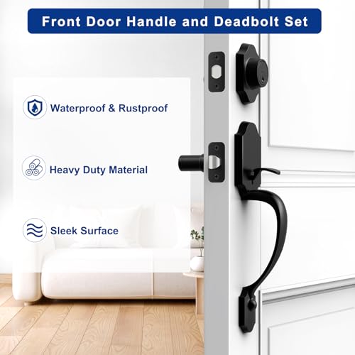 Camtek Matte Black Front Door Handle and Deadbolt Set, Single Cylinder Front Door Lock Set with Reversible Handle, Exterior Door Handle with Deadbolt Lock and Keyed - Image 5