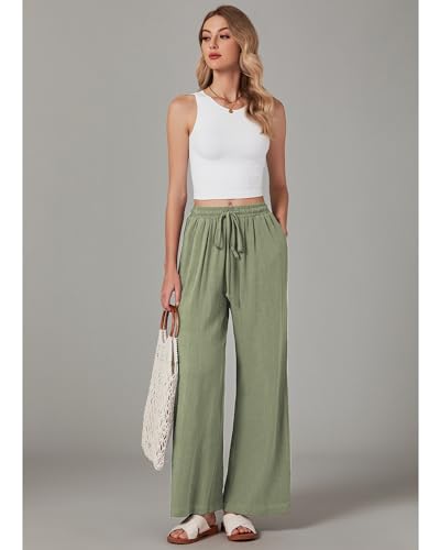 GRAPENT Flowy Boho Pants Womens Resort Wear Women Summer Pleated Wide Leg Palazzo Pants Womens High Waisted Beach Vacation Outfits Resort Wear Color Army Green Medium Size 8 Size 10 - Image 5