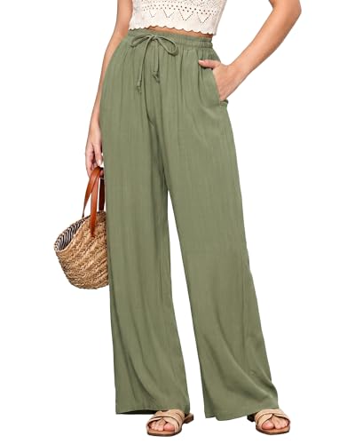 GRAPENT Flowy Boho Pants Womens Resort Wear Women Summer Pleated Wide Leg Palazzo Pants Womens High Waisted Beach Vacation Outfits Resort Wear Color Army Green Medium Size 8 Size 10 - Image 1