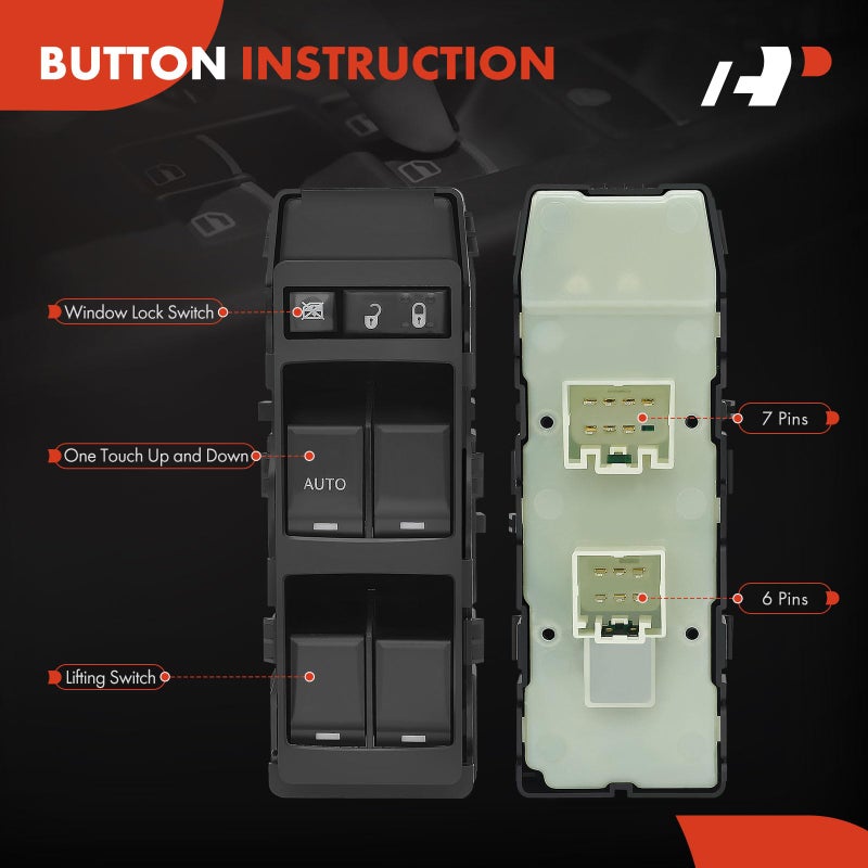 A-Premium 7+6 Pins Master Power Window Switch - Compatible with Chrysler 200 300 Sebring, Dodge Avenger Caliber Charger Dakota Magnum, Jeep Compass Patriot - Front Left With 1 Auto, Replace# 4602780AA - Image 4