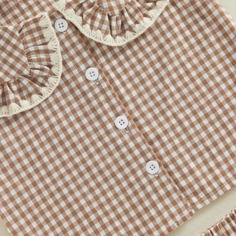 SHUING Toddler Girls Spring Outfit Peter Pan Collar Sleeveless Plaid Vest Tops Elastic Waist Pants Set Kids Summer Clothes (Khaki, 4-5T) - Image 5