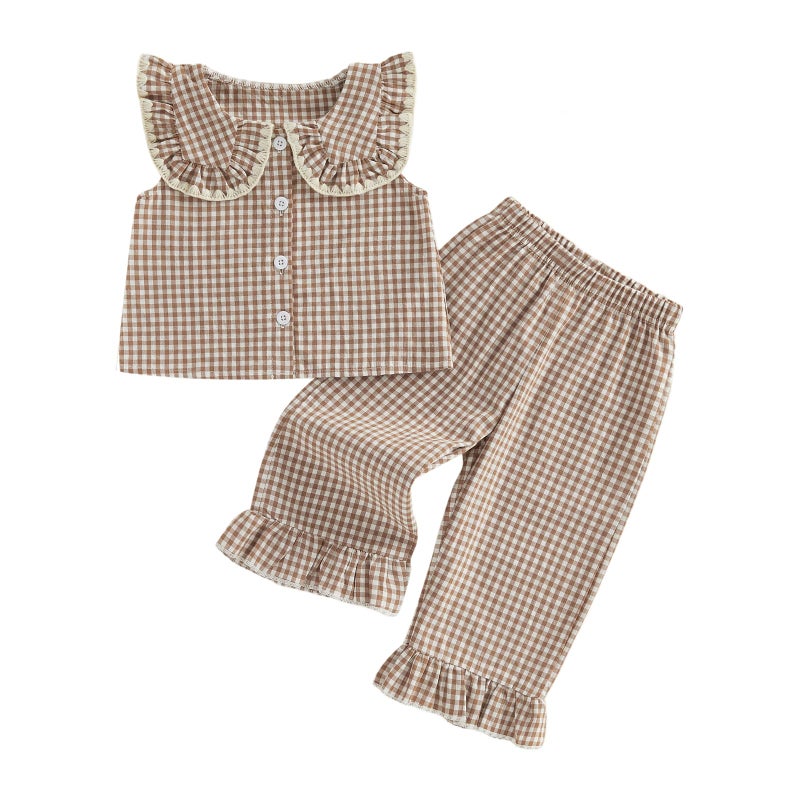 SHUING Toddler Girls Spring Outfit Peter Pan Collar Sleeveless Plaid Vest Tops Elastic Waist Pants Set Kids Summer Clothes (Khaki, 4-5T) - Image 1