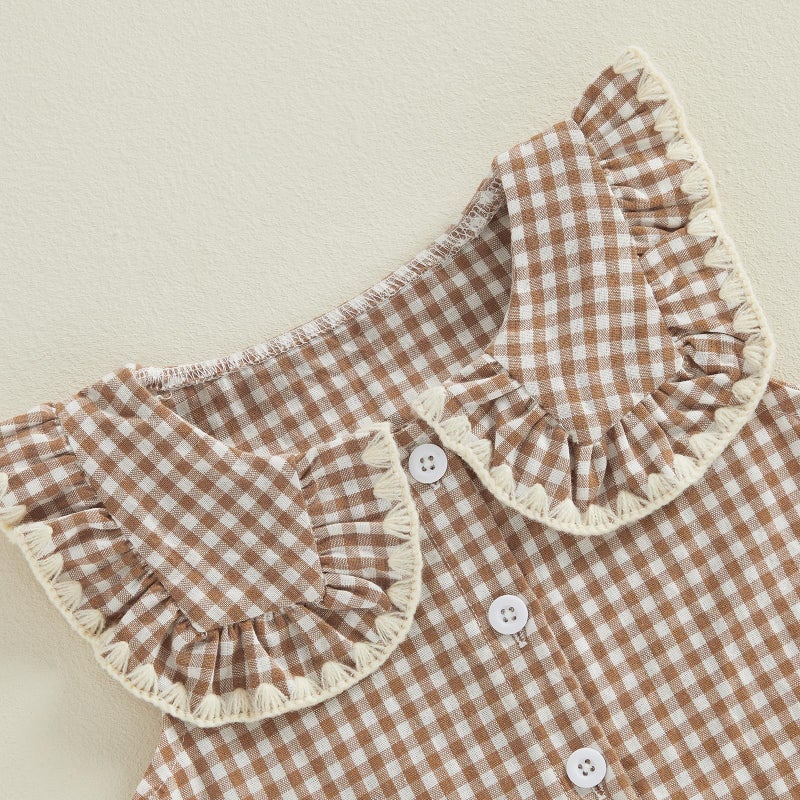 SHUING Toddler Girls Spring Outfit Peter Pan Collar Sleeveless Plaid Vest Tops Elastic Waist Pants Set Kids Summer Clothes (Khaki, 4-5T) - Image 4