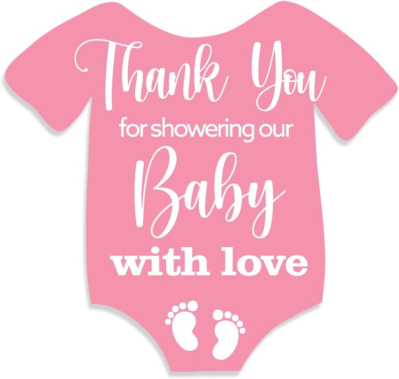 Kaecery Cute Thank You for Showering Our Baby with Love Pink Baby Onesie Shaped Girl Baby Shower Thank You Stickers Labels for Girl Baby Shower Birthday Party Favor Label Decorations10 in80 Labels - Image 1