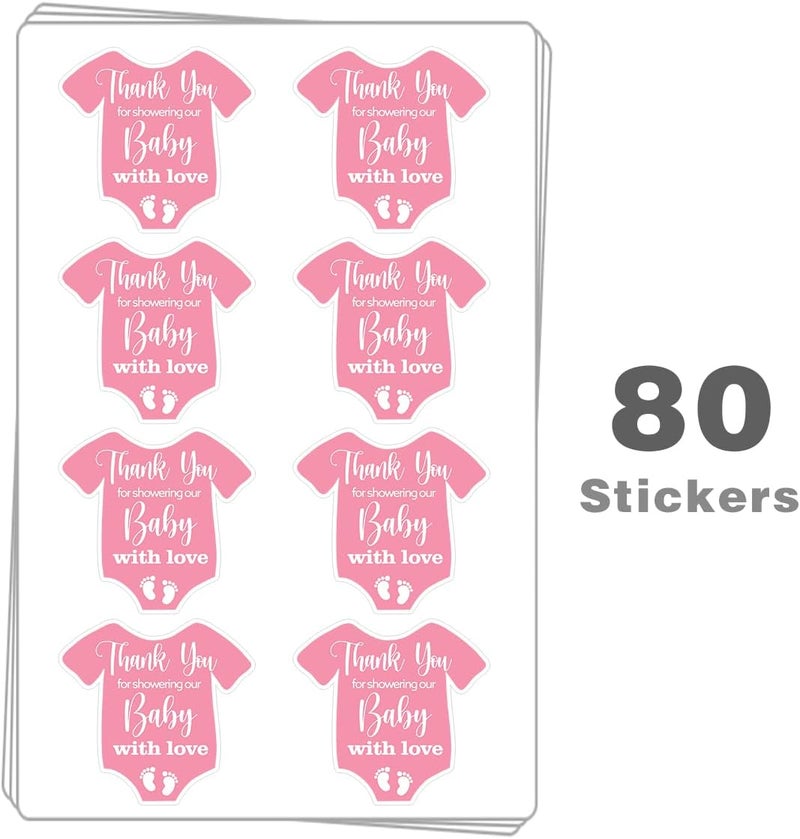 Kaecery Cute Thank You for Showering Our Baby with Love Pink Baby Onesie Shaped Girl Baby Shower Thank You Stickers Labels for Girl Baby Shower Birthday Party Favor Label Decorations10 in80 Labels - Image 3