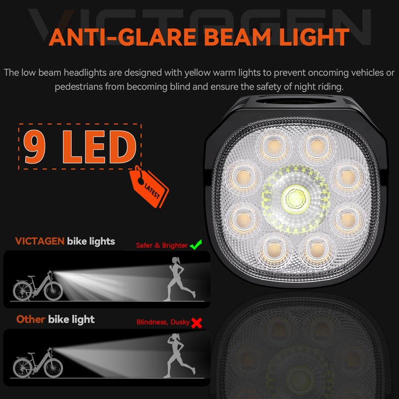 Victagen Bike Lights Kit 9LED Bike Headlights High & Low Beams, Ultra-Light and Bright Bicycle Lights, Waterproof Bike Lights for Night Riding, USB-C Rechargeable Bicycle Front and Rear Lights - Image 3