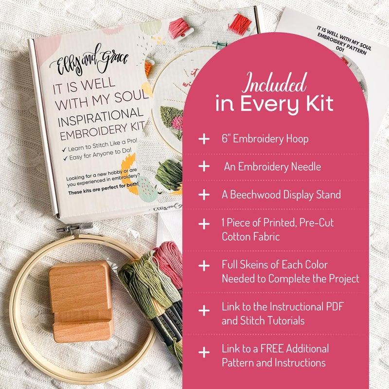 Elly and Grace Elly & Grace Christian Embroidery Kit with Embroidery Hoop, Easy Embroidery Kit for Beginners and Adults, Full Embroidery Hoop Kit with Needles and Thread Included (It is Well) - Image 4